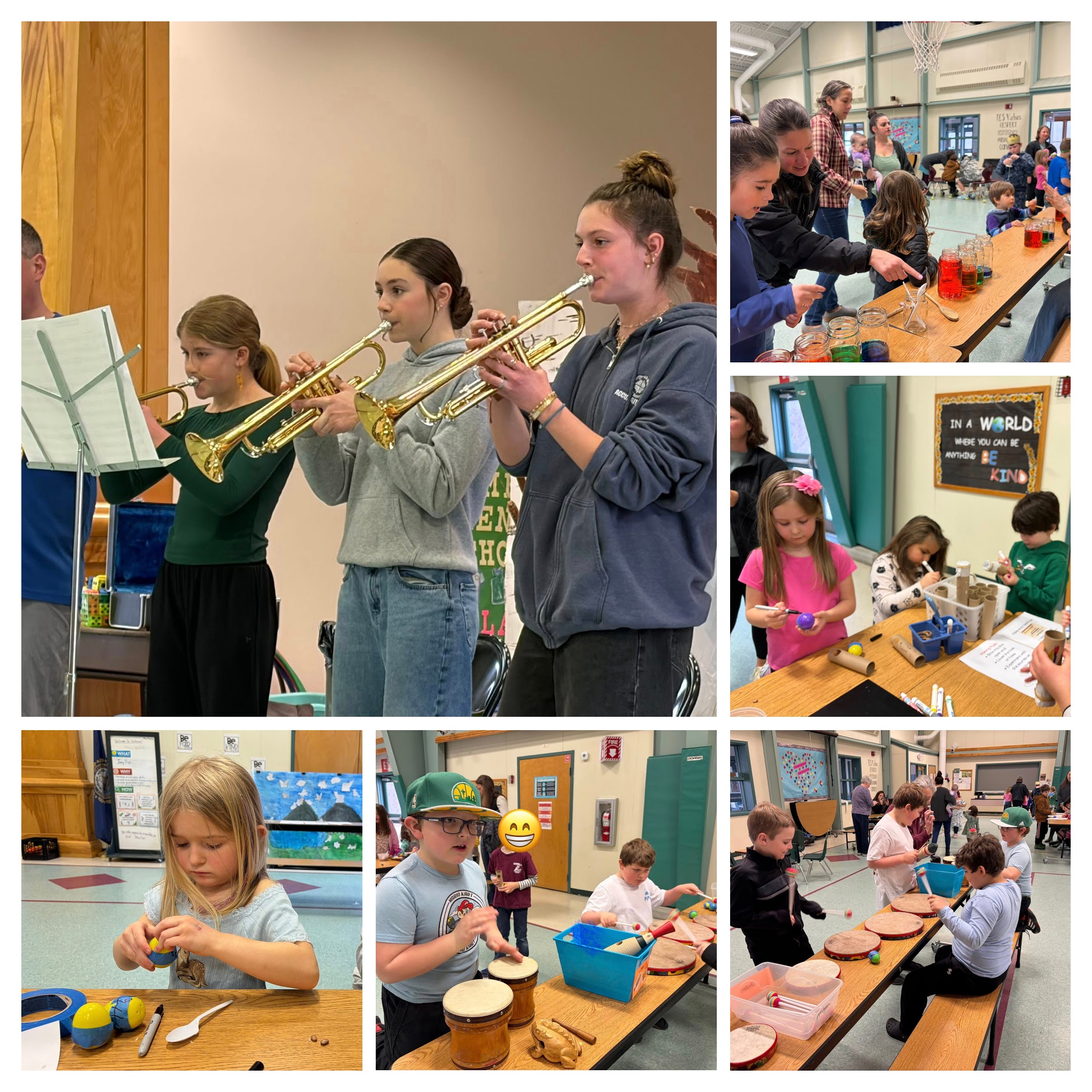 Students playing trumpets and crafting instruments
